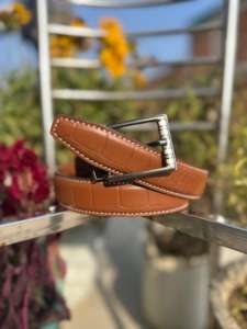 Ceinture en cuir de vachette artisanale marron avec broderie crocodile et impression par transfert thermique, boucle en fer, largeur 3,5 cm, longueur 120 cm, pour tenue formelle - Product Image 2