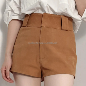 Nouveau style short taille haute en cuir véritable couleur unie confortable et ajusté en peau de mouton véritable avec fermeture éclair pour femme - Product Image 4