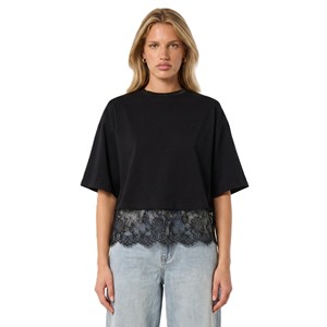 Summer Loose Black Tee Luxury Lace Stitching Women's Shirts Crop <b>Tops</b> Short Sleeve O-Neck Cotton Dropped Shoulder T-Shirt Vendor - Product Image 1