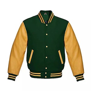 เสื้อแจ็คเก็ตวาร์ซิตี้สีเขียวทองสำหรับผู้ชาย ทรงปกติ ปกเสื้อพับได้ สวมใส่สบายๆ ในฤดูใบไม้ร่วง ทำจากผ้าฝ้ายและวัสดุ PU ปิดด้วยกระดุม - Product Image 1