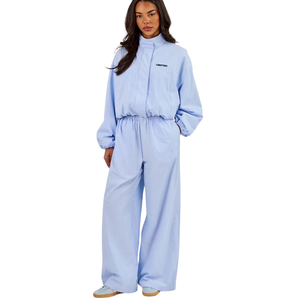 <b>Women's</b> Cropped Full <b>Zip</b> High Collar Tracksuit Set Drawcord Hem <b>Top</b> Wide Leg Trousers Elastic Waist 2 Piece Casual Lounge Outfit - Product Image 6