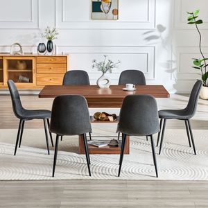 Set Tavolo da Pranzo Allungabile 59-71 Pollici con Sedie, Tavolo Estraibile in MDF, Materiale in Lino e Cotone Grigio Scuro, Abbinato a 6 Sedie - Product Image 2