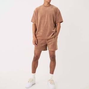 Ensemble décontracté d'été pour homme, deux pièces, t-shirt à col rond à manches courtes, short uni en coton éponge respirant - Product Image 5
