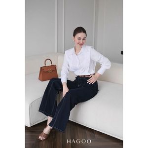 HAGOO เสื้อเชิ้ตผู้หญิงทรงหรูหรา ปกเสื้อเชิ้ต แขนยาว ผ้าฝ้ายซักนุ่ม ระบายอากาศได้ดี สำหรับใส่ทำงาน A559 - Product Image 4