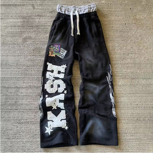 Pantalon de survêtement noir imprimé pour homme, taille élastique avec cordon de serrage, logo lettre décontracté sur la jambe gauche, tricoté mi-lourd, style automne - Product Image 6