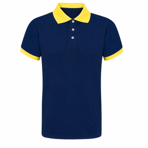 Chemise de golf pour homme bleu marine, col jaune, poignets courts, manches courtes, vêtement décontracté, couleur unie, 100% coton, tissu Oxford tricoté - Product Image 1