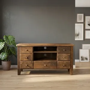 Rustic Handmade Solid Wood Living Room & Bedroom Cabinet with <b>6</b> <b>Drawers</b> and 2 Shelves for Home Decor - Product Image 1