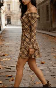 Women’s Vintage Plaid Off-Shoulder Ruffle Mini Dress with Belt – Long Sleeve Layered Skirt Street Style Dress - Product Image 3