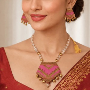 Premium Quality Assamese Gamusa Pink Muga Silk Necklace <b>Set</b> with Crystal <b>Beads</b> Earrings Ethnic Traditional Available For Sale - Product Image 4