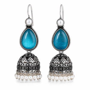 Pendientes Jhumka de Plata Oxidada Azul con Forma de Lágrima, Hechos a Mano, con Perlas, Estilo Étnico Indio Bohemio, para Mujer, Venta al por Mayor - Product Image 2