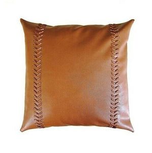 Square Leather Throw Pillow 20x20in Brown Stitched Decorative Cushion for Home - Product Image 2