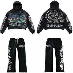 ชุดเซ็ตเสื้อฮู้ดดี้และกางเกงวอร์มแบบสั่งทำ OEM ผ้าหนานุ่ม พิมพ์ลายสกรีน ทรงโอเวอร์ไซส์ ผ้าฝ้ายทรงบานหลวมๆ สำหรับผู้ชาย - Product Image 1