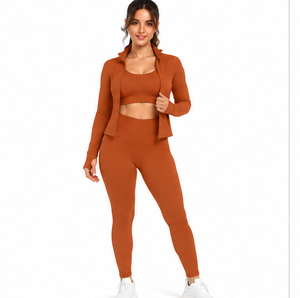 Wholesale Women Yoga Set 3 Piece Fitness Workout Leggings Sports <b>Bra</b> Jacket Soft Skin Friendly Stretch Gym Activewear Custom - Product Image 1