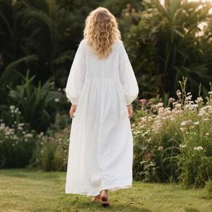 Women White Cotton Maxi <b>Dress</b> Round Neck <b>Long</b> Sleeve Loose Fit Flowy <b>Boho</b> Style <b>Dress</b> - Product Image 4