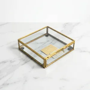 Caja de Joyería de Lujo de Vidrio y Latón con Diseño Artesanal, Marco Metálico Cuadrado, Organizador de Anillos, Collares y Pendientes, para Regalo de Boda, Decoración del Hogar - Product Image 4