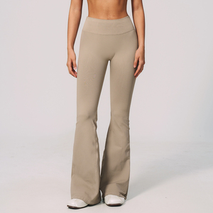 <b>High</b> <b>Waist</b> <b>Flared</b> Leg Yoga <b>Leggings</b> Full Length Solid Brown Spandex Nylon Seamless Four-Way Stretch Elastic <b>Waist</b> - Product Image 3