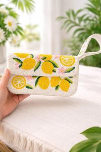 Handmade Rectangular Cotton Handbag With Lemon Embroidery Design - Product Image 3