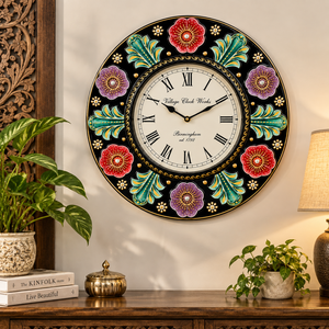 Grande horloge murale florale en bois artisanale |   Design indien traditionnel peint à la main |   Horloge analogique à quartz alimentée par piles, emballée dans une boîte - Product Image 6