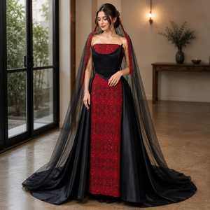 Vestido de Noche Negro y Rojo Bordado, Diseño de Diseñador, Sin Tirantes, Maxi Vestido con Sobre Falda Desmontable de Satén y Velo Largo de Tul, Formal - Product Image 1