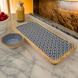 Ensemble de plateaux et de bols en bambou faits à la main, motif géométrique noir et blanc, design minimaliste écologique pour le camping, service de nourriture - Product Image 1