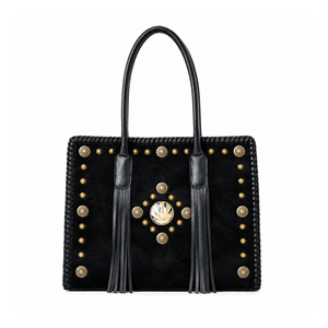 Sac fourre-tout en cuir suédé noir fait main avec clous et pompons, style western, sac à main tendance pour femme pour les voyages quotidiens - Product Image 1