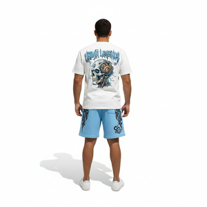 Custom Acid Washed Sun Faded Heavy T Shirt Shorts with Drawstring Solid 100% Organic Cotton Quick Dry Shirt <b>Set</b> for Summer - Product Image 3