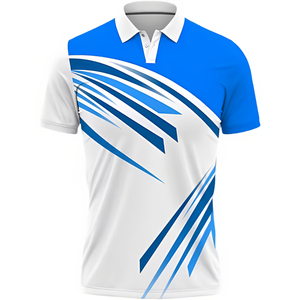 เสื้อโปโลแขนสั้นพิมพ์ลายสีฟ้าขาวสำหรับผู้ชาย ผ้าถักโพลีเอสเตอร์ ระบายอากาศได้ดี ทรงปกติ ปกเสื้อพับได้ - Product Image 6