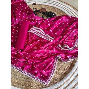 FANCY CHINON BANDHANI PRINT EMBROIDERY SEQUENCE WORK <b>LACE</b> SAREE WITH UNSTITCHED BLOUSE <b>PINK</b> - Product Image 1