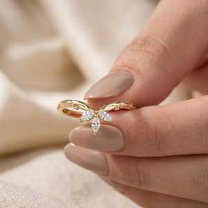 Floral Marquise Cut <b>Diamond</b> Leaf <b>Ring</b> For Women's Lab Grown 18k Yellow Gold Fine Anniversary Engagement Party Occasion Gift Her - Product Image 1