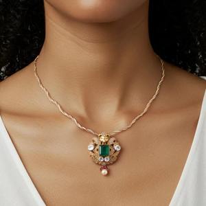 Handmade Gajaah 925 Sterling <b>Silver</b> Emerald Pendant <b>Necklace</b> <b>Set</b> Pure <b>Silver</b> Green Stone & Crystal Halo Gold Plated Pendant - Product Image 1