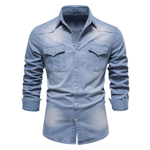 เสื้อเชิ้ตเดนิมแขนยาวทรงสลิมฟิตลำลองสำหรับผู้ชาย ลายทางติดกระดุม - Product Image 2