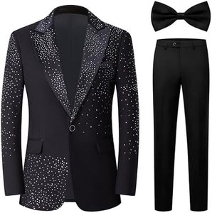 Costume de smoking noir pour homme avec pantalon et veste, orné de strass et de perles, idéal pour mariage, cérémonie, marié, gentleman, respirant - Product Image 1