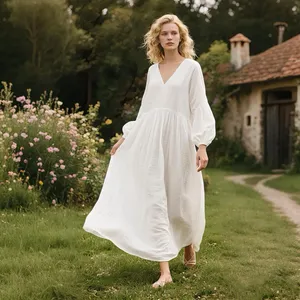 Women White Cotton Maxi <b>Dress</b> V Neck <b>Long</b> Sleeve Loose Fit Flowy <b>Boho</b> Style <b>Dress</b> - Product Image 1