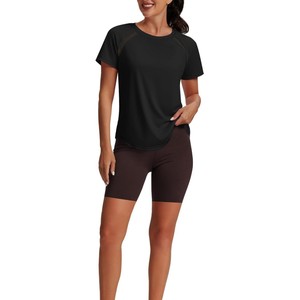 Camiseta Deportiva de Manga Corta para Mujer, Cuello Redondo, Color Negro Sólido, Manga Raglán, Corte Holgado, Secado Rápido, Tejido de Punto, Primavera Verano - Product Image 3