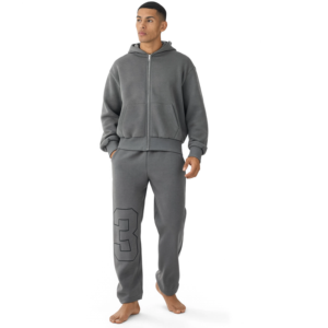 Men's Gray <b>Hooded</b> Tracksuit Set Full <b>Zip</b> Sweatshirt Solid Color Cotton Fleece Casual Wear with Side Pockets Autumn Style - Product Image 1
