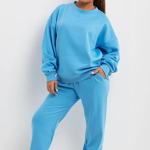 Conjunto Deportivo Azul Sólido para Mujer, Talla Grande, Cuello Redondo, Manga Larga, Corte Holgado, Informal, Pantalones Deportivos, Otoño, 100% Algodón, Peso Medio - Product Image 1