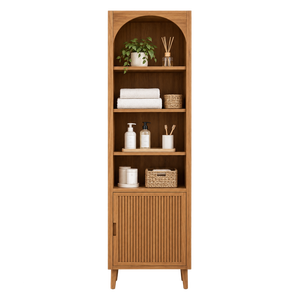 Armoire de salle de bain haute en teck massif avec étagère cintrée et porte cannelée - Product Image 1