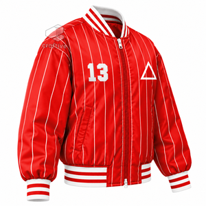 เดลต้า |   ซิกมา |   เสื้อแจ็คเก็ตวาร์ซิตี้ผ้าซาตินลายทางสีแดงขาวสำหรับผู้หญิง Theta พร้อมลายปักตัวอักษรกรีกแบบซิป - Product Image 2