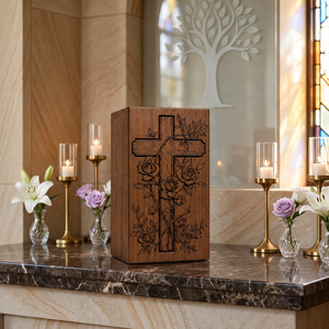 Wooden Rose Cross Urn Carved <b>Memorial</b> Keepsake <b>Box</b> for Funeral Tribute Display - Product Image 6