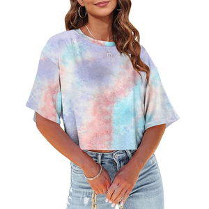 Camisetas de Cuello Redondo con Estampado Tie-Dye para Mujer, Diseño Sólido, Logotipo Personalizado, Verano, Ecológicas, Corte Regular, Hechas en Pakistán - Product Image 4