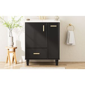 Mobile bagno in legno massello da 24 pollici con telaio in MDF, lavabo, ripiano portaoggetti, cassetto profondo e mobiletto a 2 livelli con cestello estraibile - Product Image 6