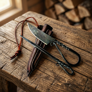 Couteau à lame fixe médiéval forgé à la main en acier au carbone, couteau de chasse et de camping pour la survie en forêt, avec étui en cuir, logo personnalisé OEM - Product Image 1