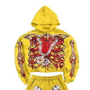 Conjunto de Sudadera con Capucha y Pantalones Deportivos para Hombre, Estampado de Esqueleto Amarillo, Estilo Urbano, Impresión Digital, Poliéster, Dos Piezas, Ropa de Otoño - Product Image 4