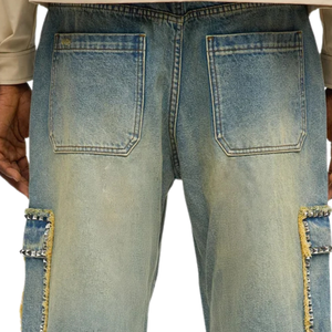 Jeans Cargo Azul Claro para Hombre, Corte Regular, Desgastados, con Parches y Bolsillos, Estilo Urbano Informal, Holgados, 100% Algodón, Color Sólido - Product Image 4