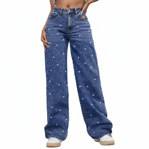 Vaqueros de mezclilla de cintura alta a la moda para mujer, diseño de perlas con rasgaduras desgastadas y corte recto, elásticos y ajustados - Product Image 6