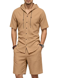 Men Solid Color Breathable Knitted Hooded Short Sleeve Shirt Set with Button-Up Top Elastic Waist Shorts Casual Summer Outfit - Product Image 5