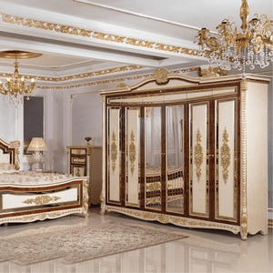Armario de Madera Maciza Europeo Clásico de Alta Gama, Armario de Lujo en Color Marfil, Nogal y Dorado con Espejo, Muebles Elegantes para Dormitorio - Product Image 2