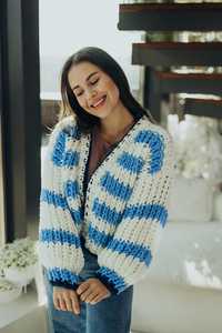 Women's Blue White Striped <b>Crocheted</b> <b>Cardigan</b> V Neck Full Sleeve Casual Winter Thick Acrylic Knit Sweater - Product Image 2