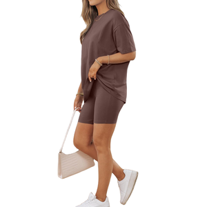 Conjuntos de Ropa Casual para Mujer, 100% Algodón, Diseño Personalizado con Logotipo, Patrón Sólido, Servicio OEM, Camiseta Holgada y Pantalones Cortos, Conjunto de 2 Piezas - Product Image 3