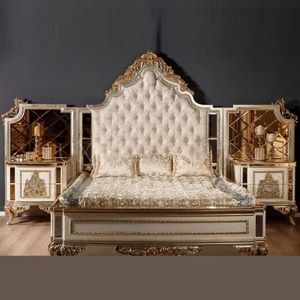 Offre Spéciale : Ensemble de Chambre Emma Luxe Classique Blanc et Or pour Hôtel – Cadre de Lit Capitonnée avec Tête de Lit Haute et Sculptée en Bois - Product Image 2